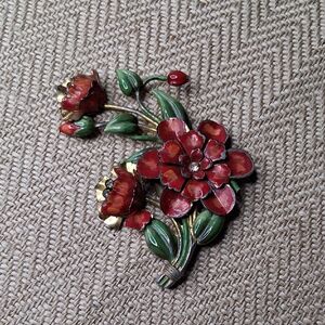 1950s Sterling Silver Enameled Flower Brooch Red Green 3inch +